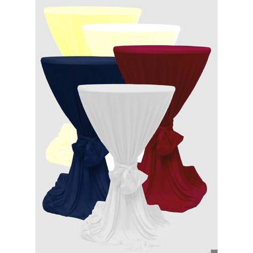 Stehtisch-Husse mit Bindeschal in der Farbe sekt. Für Tischhöhe 105-115 cm.