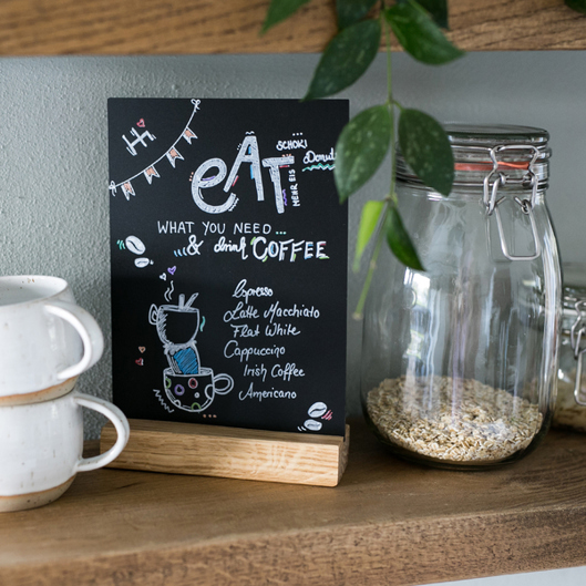 HMF - Tischaufsteller Kreidetafel - 46450 - Tischaufsteller - DIN A6, Schwarz, Holzfuss